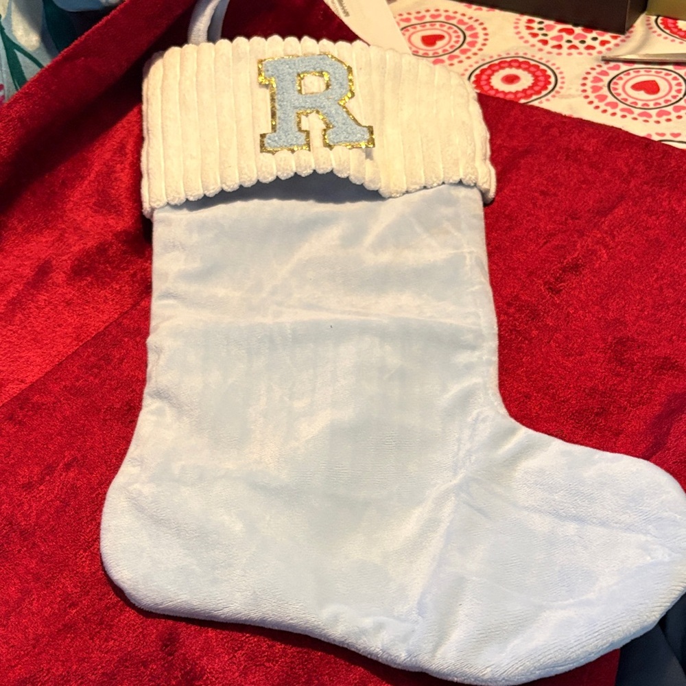 Light Blue Christmas Stocking with White Cuff velvet new letter R